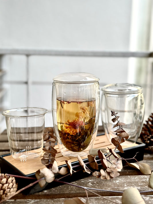 (Gift Box) 350ml or 450ml Double Wall Borosilicate Glass Cup with Assorted Teaballs