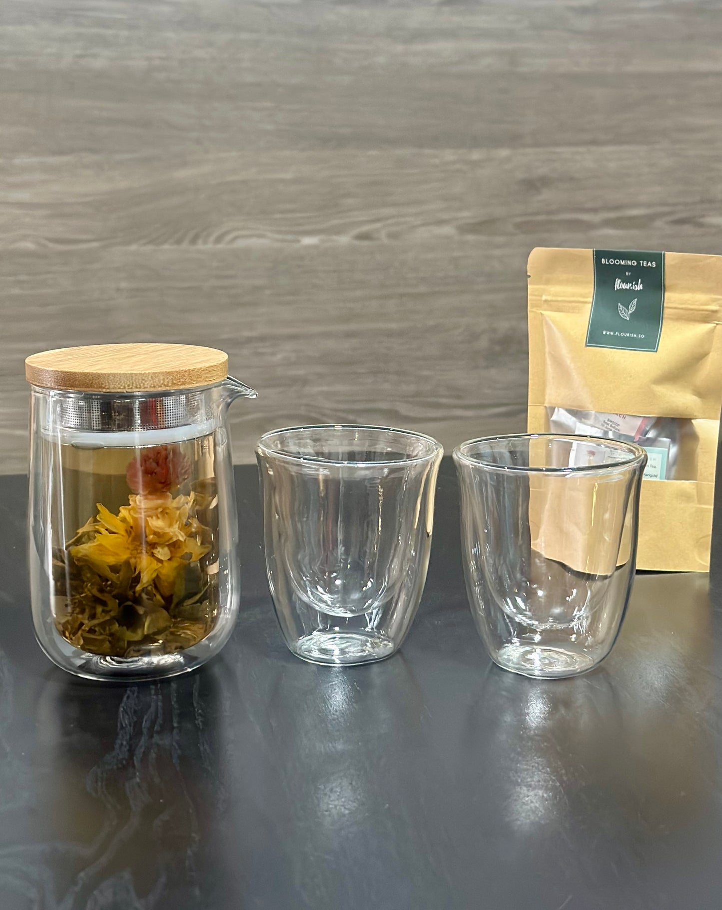 (Gift Box) Double Wall Glass Brew & Serve Tea Set w/ Blooming Teaballs