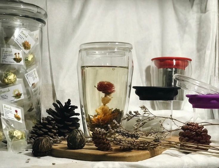 (Gift Box) 450ml Double Wall Insulated Glass Tumbler with Assorted Teaballs