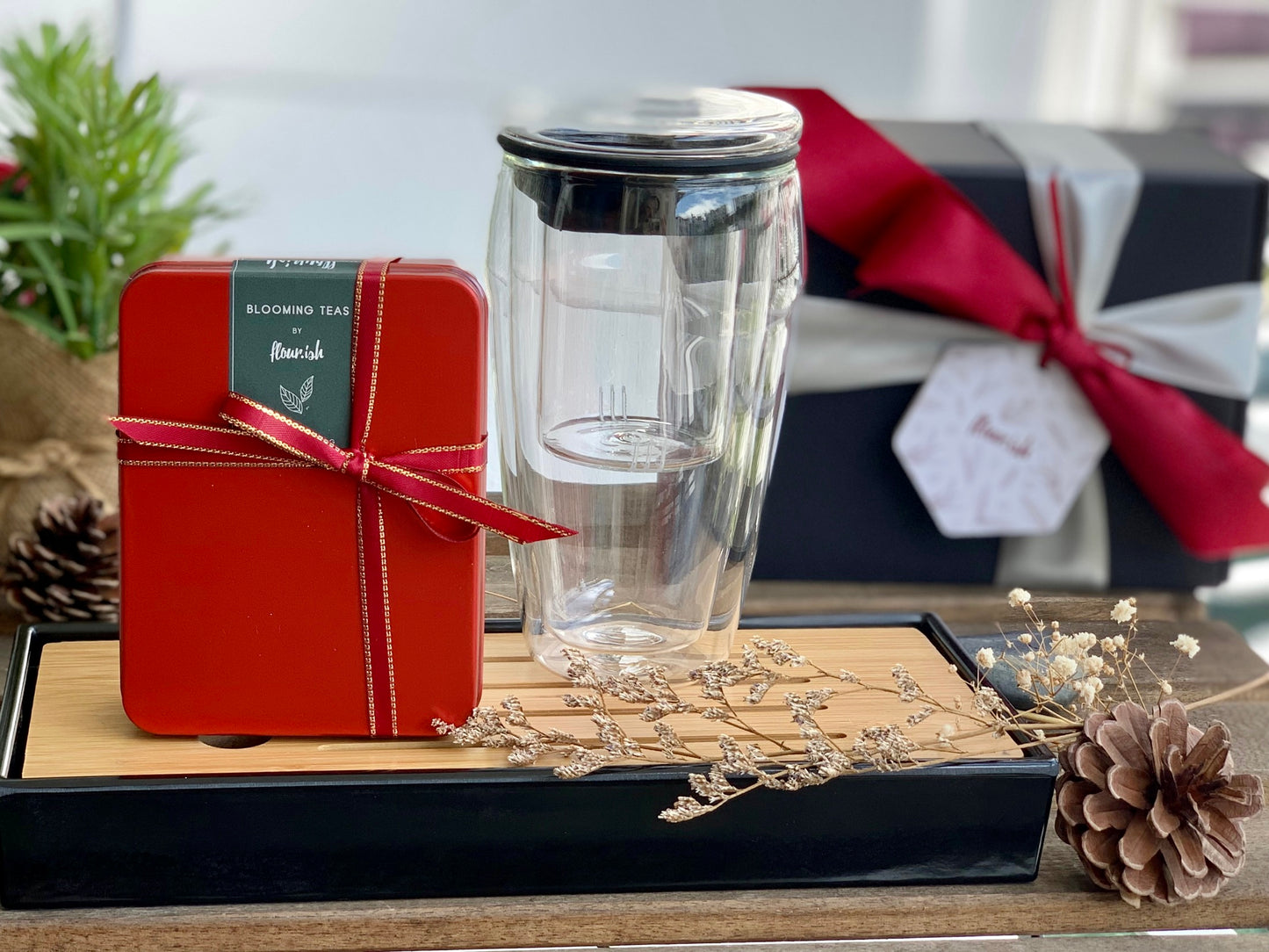 (Gift Box) 450ml Double Wall Insulated Glass Cup Set with Assorted Teaballs