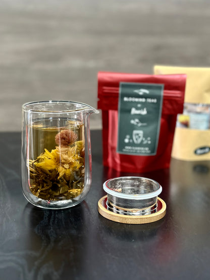 (Gift Box) Double Wall Glass Brew & Serve Tea Set w/ Blooming Teaballs