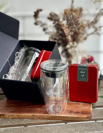 (Gift Box) 450ml Double Wall Insulated Glass Cup Set with Assorted Teaballs